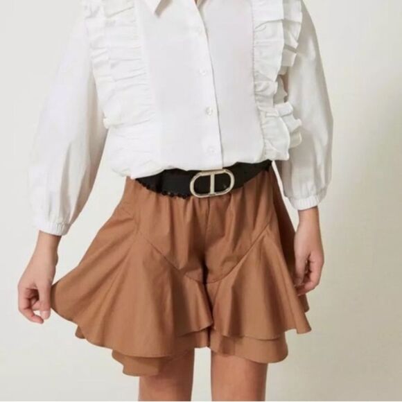TWINSET | Brown Poplin Girls Skorts Shorts with Flounces Ruffles Twin Set Size 8 - Picture 1 of 16